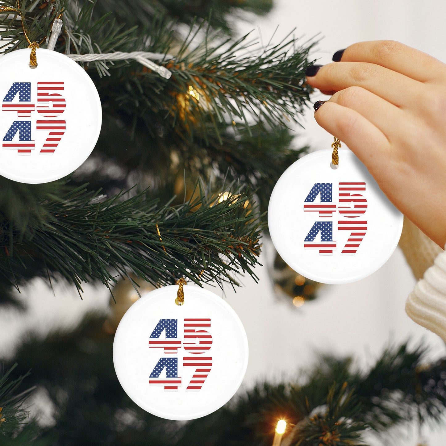 45 47 Trump 2024 USA Flag Christmas Ornaments Ceramic Xmas Tree Decor for Mom, Dad, Kids, Family, Friends, Lovers, Christmas Gifts