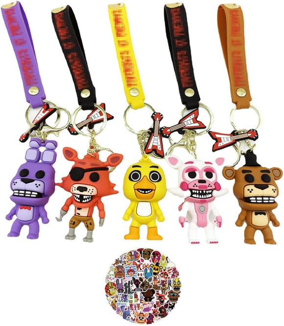 5 Pcs Five Nights at Freddy's Keychain Nights Keyring with 50 Stickers, Birthday Gift for Boys and Girls, Suitable for Purse Backpack Handbag Charms