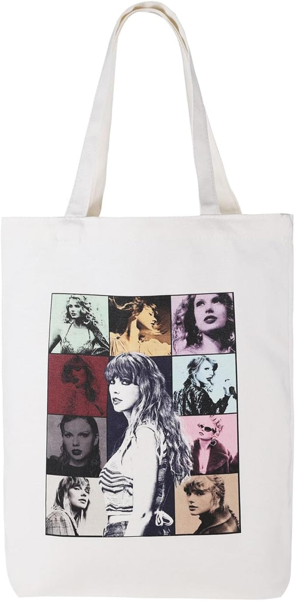 White Canvas Taylor Swift Theme Tote Bag, Gifts Shopping Bag with Zipper and Pocket