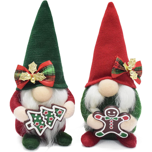 Christmas Gnomes Plush with Gingerbread, Handmade Xmas Tomte Swedish Nordic Red Green Gnomes Figurine Classical Navidad Elf Gifts Noel Ornaments for Home Office Decor