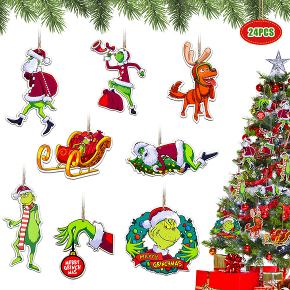 Grinch Christmas Tree Decorations, 24PCS Christmas Cute Wooden Hanging Ornaments for Tree, Christmas Decor Indoor Home Party Gifts