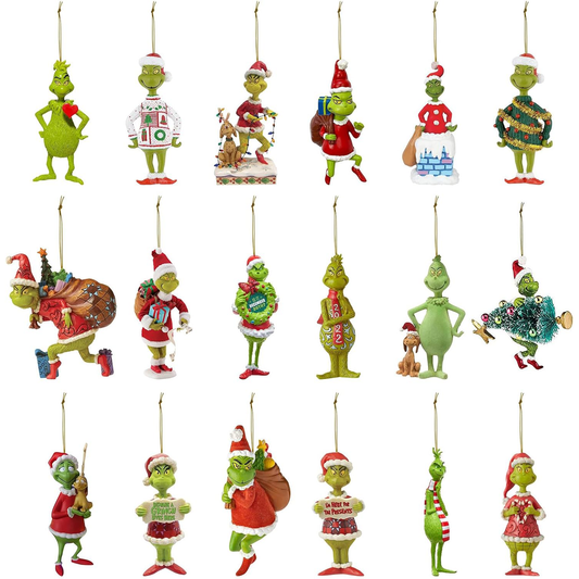 Grinch Christmas Ornaments,18pcs Christmas Tree Resin Pendant, 2D Xmas Hanging Decorations