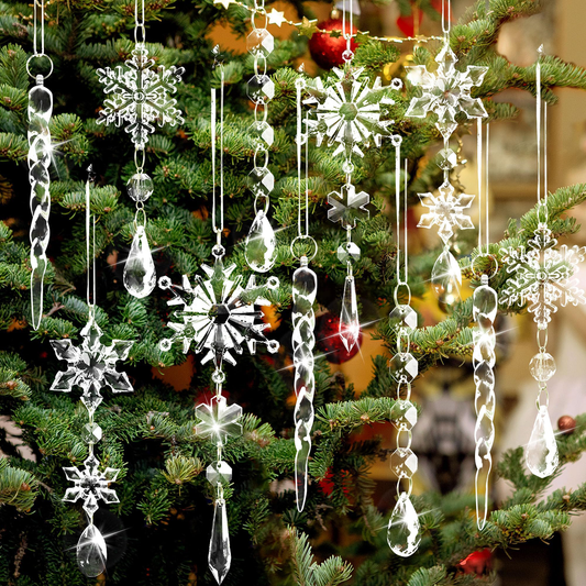 24 Pcs 5.3” Acrylic Snowflake and Icicle Ornament, Xmas Clear Icicles Ornament Set for Christmas Tree Blown Decoration, Assorted Shatterproof Acrylic Ornament for Christmas Indoor Decoration