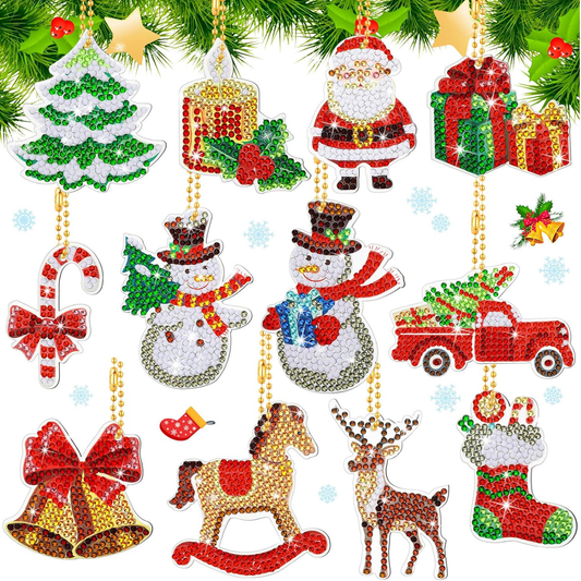 12 Pieces Christmas Diamond Painting Kits 5D DIY Diamond Painting Keychain Christmas Hanging Diamond Art Kits Diamond Art Christmas Ornaments for Kids Crafts Family Decor