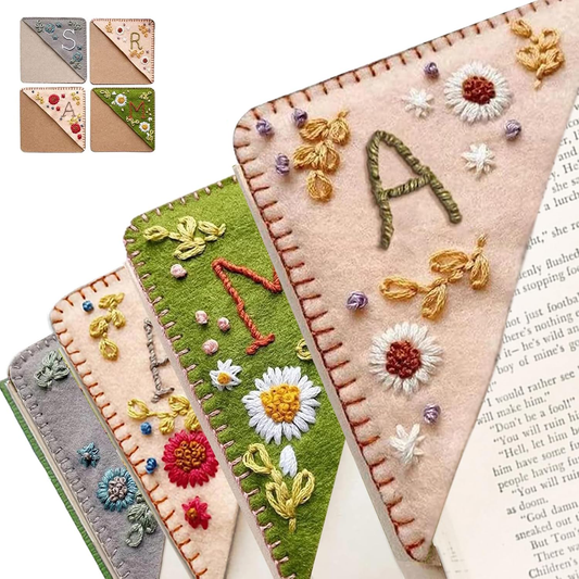 Personalized Hand Embroidered Corner Bookmark, Felt Triangle Page Stitched Handmade Bookmark, Unique Cute Flower Letter Embroidery Bookmarks Accessories for Book Lover