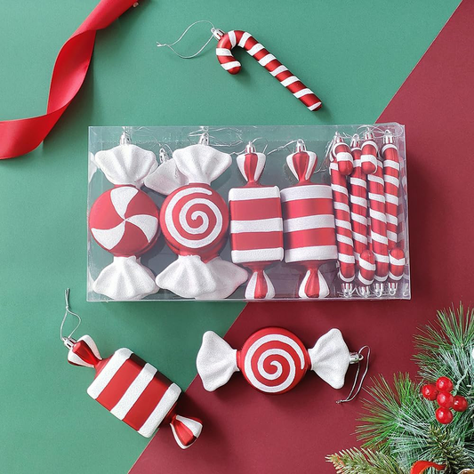 Christmas Candy Cane Lollipop Ornaments for Christmas Tree Decorations, Red and White 6.5Inch Assorted Shapes Hanging Ornament with Ribbon for Xmas New Year Holiday Festival Home Party Decor