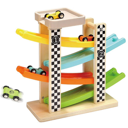 Wooden Car Ramp Racer Toy Vehicle Set with 4 Mini Cars & Race Tracks