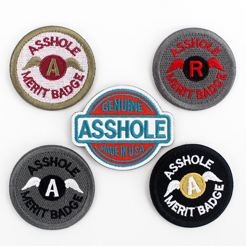 5 Pcs Asshole Merit Badge Embroidered Patch Hook Loop Stickers Hippie Applique for Clothing Bags Backpack Decoration