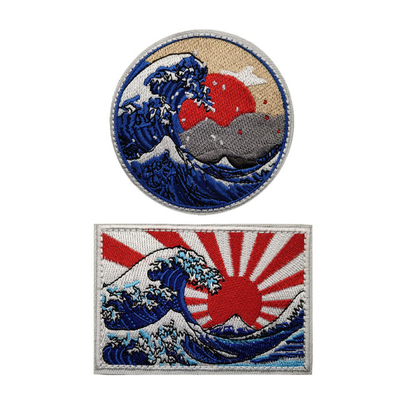 2 PCS Kanagawa Surfing Patch Embroidered Applique Badge Iron On Sew On Emblem