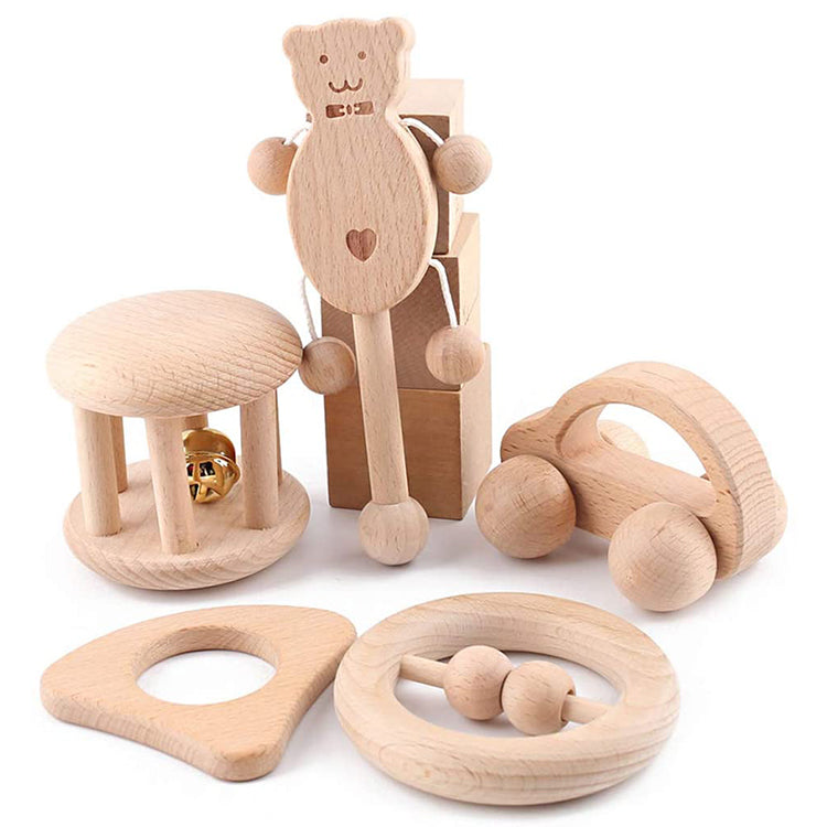 5 Pack Puzzle Montessori Teether Wooden Rattles Toys Set