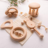 5 Pack Puzzle Montessori Teether Wooden Rattles Toys Set