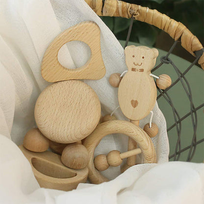 5 Pack Puzzle Montessori Teether Wooden Rattles Toys Set