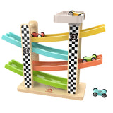 Wooden Car Ramp Racer Toy Vehicle Set with 4 Mini Cars & Race Tracks