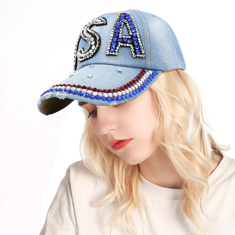 Rhinestone Bejeweled Cotton "USA" Letter Baseball Hat