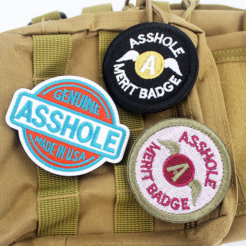 5 Pcs Asshole Merit Badge Embroidered Patch Hook Loop Stickers Hippie Applique for Clothing Bags Backpack Decoration