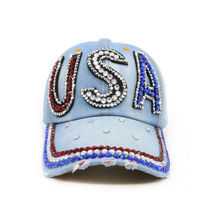 Rhinestone Bejeweled Cotton "USA" Letter Baseball Hat