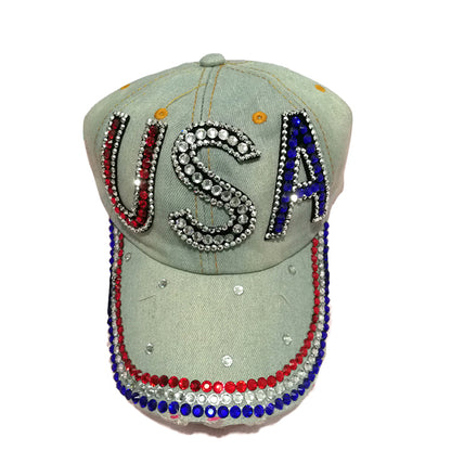 Rhinestone Bejeweled Cotton "USA" Letter Baseball Hat