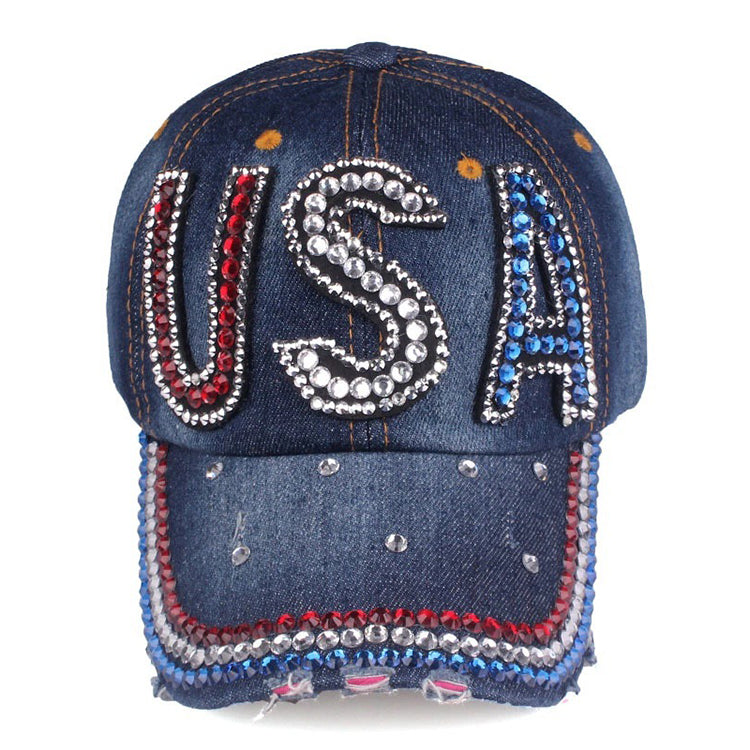 Rhinestone Bejeweled Cotton "USA" Letter Baseball Hat